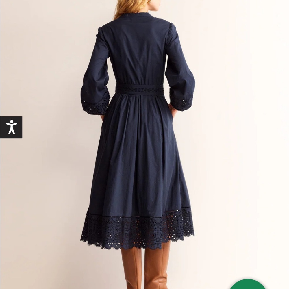 Boden Jen Broderie Navy Eyelet Hem Belted Midi Dress Size 2P - Picture 5 of 13